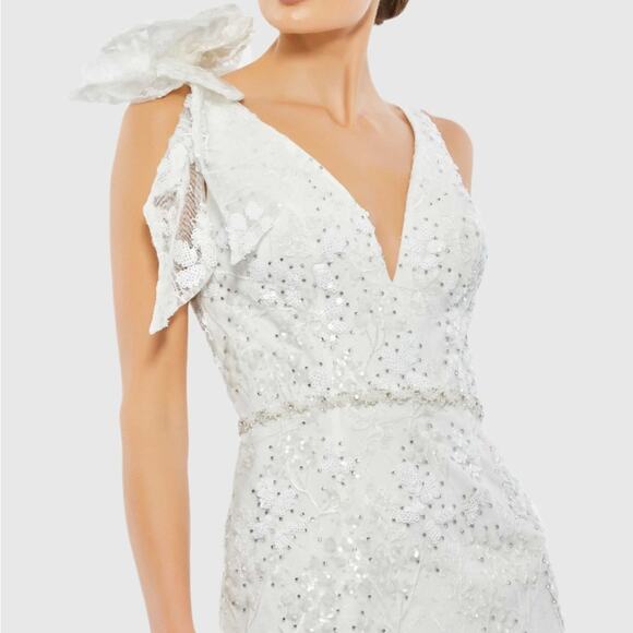 Mac Duggal White Floral Embellished V-neck Midi Dress with Shoulder Bow Sz 14 - Picture 3 of 10